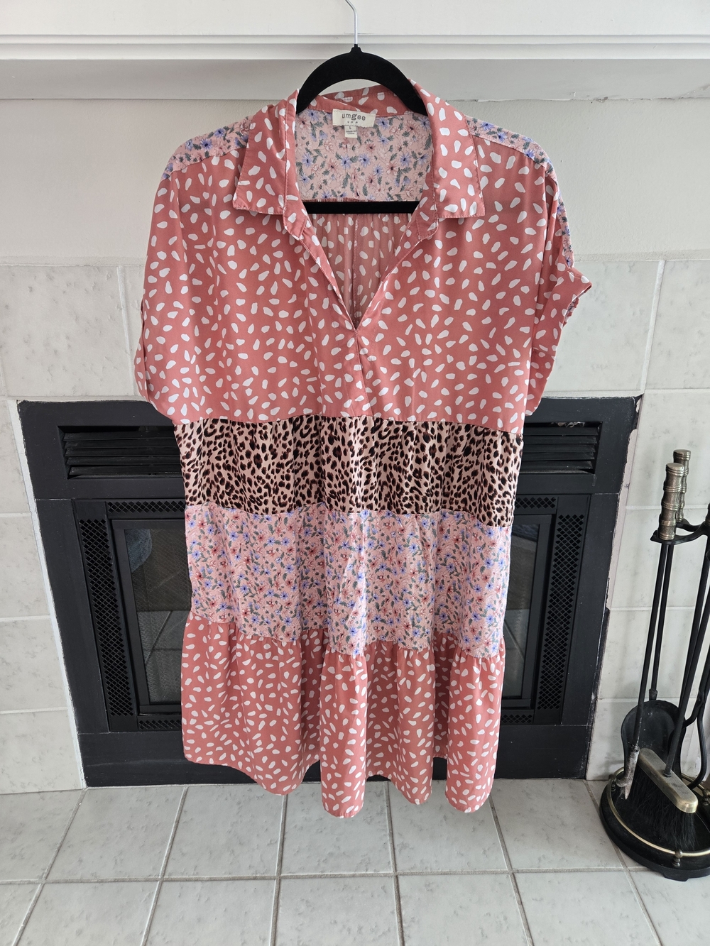Umgee Coral Pink Mixed-Print Collared Tunic Dress